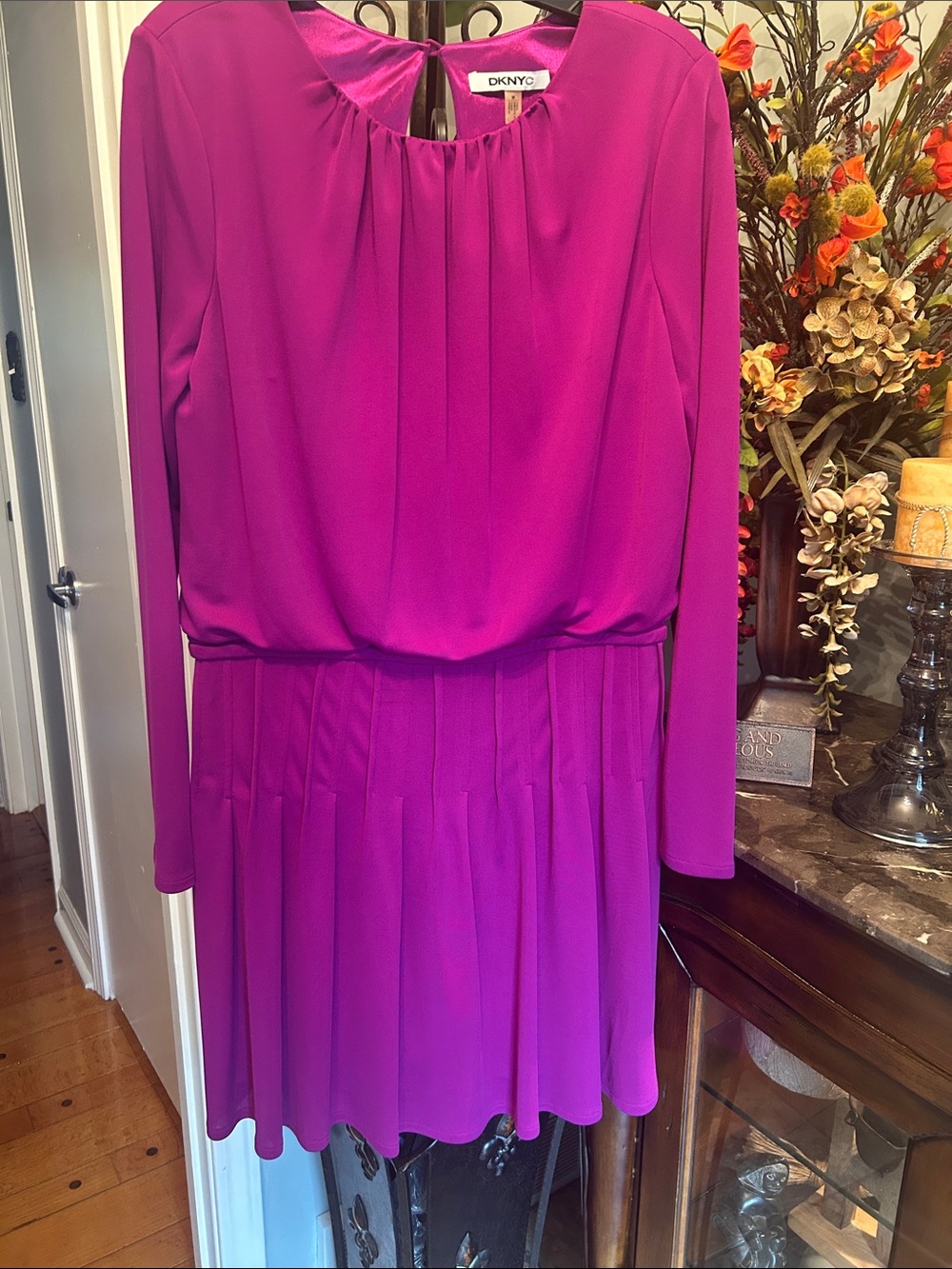 DKNY Magenta Long-Sleeve Pleated Waist Dress